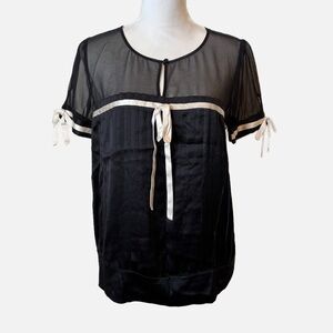 Bebe Y2K Coquette Short Sleeve Silk Blouse Black with Cream Ribbon Detailing